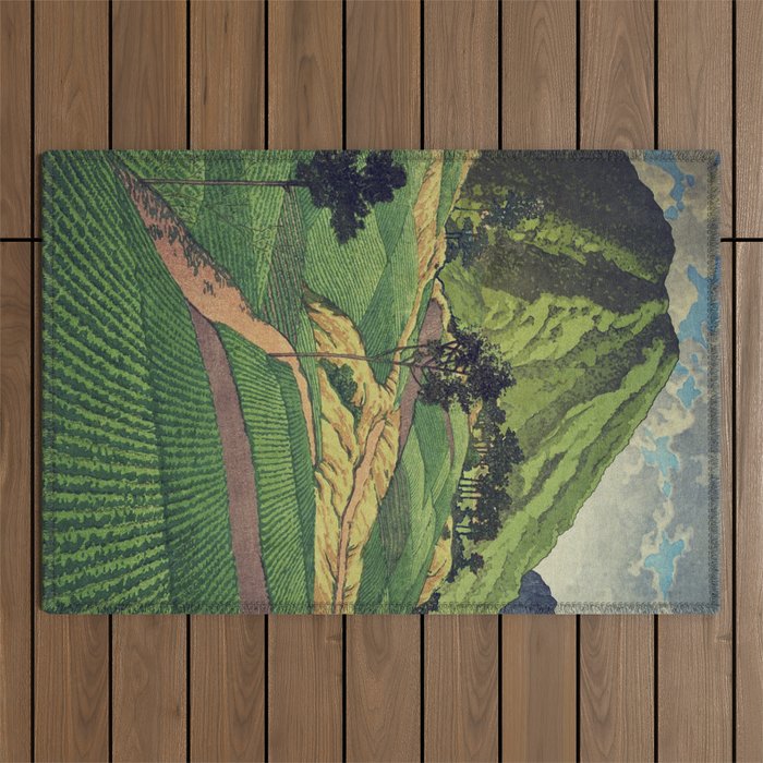Crossing people's land in Iksey - Summer Green Mountain Ukiyoe Nature Landscape Outdoor Rug Gallery Image 1