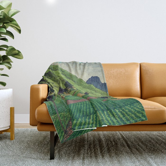 Crossing people's land in Iksey - Summer Green Mountain Ukiyoe Nature Landscape Throw Blanket Gallery Image 1
