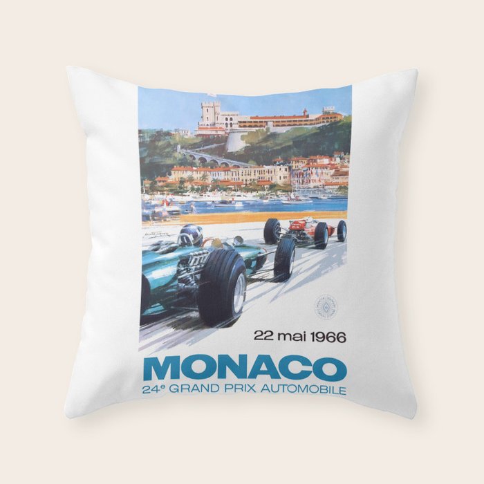 1966 MONACO Grand Prix Racing Poster Throw Pillow Gallery Image 1