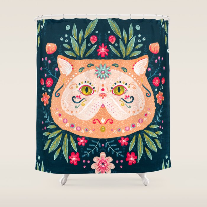 Candied Sugar Skull Kitty Shower Curtain Gallery Image 1