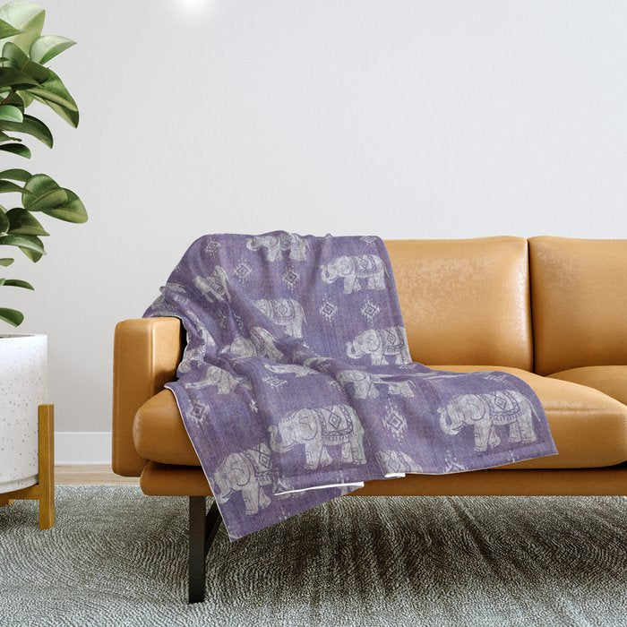 Elephants on Linen - Amethyst Throw Blanket Gallery Image 1