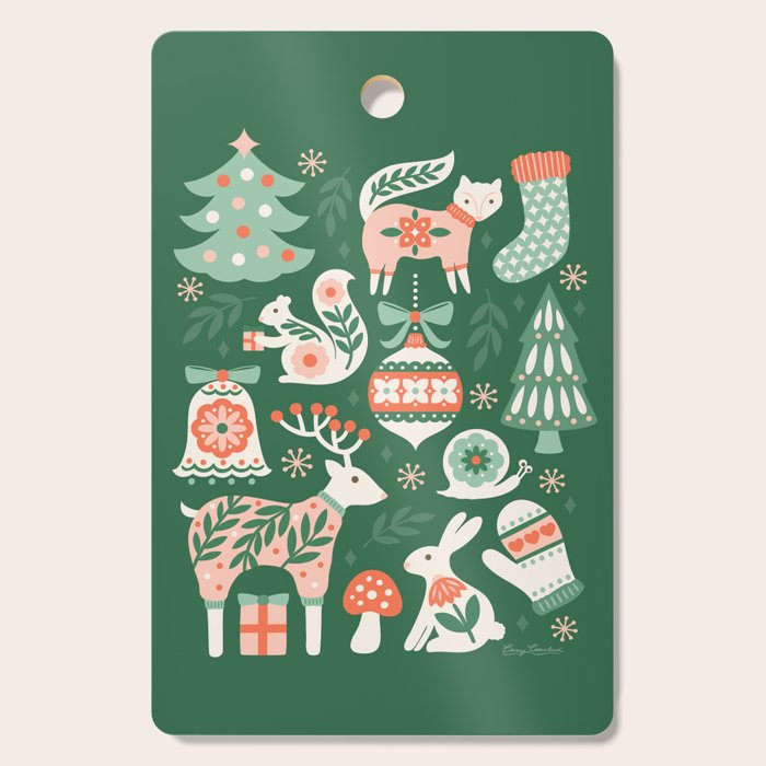 Festive Folk Art Forest Animals - Green and Red Cutting Board Gallery Image 1
