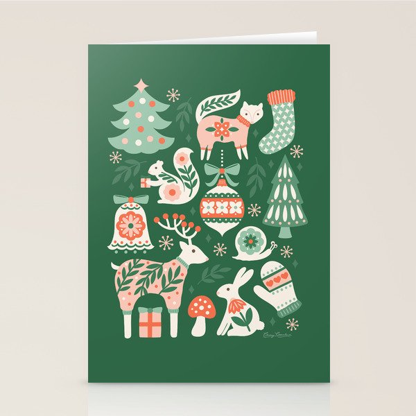 Festive Folk Art Forest Animals - Green and Red Stationery Card Gallery Image 1