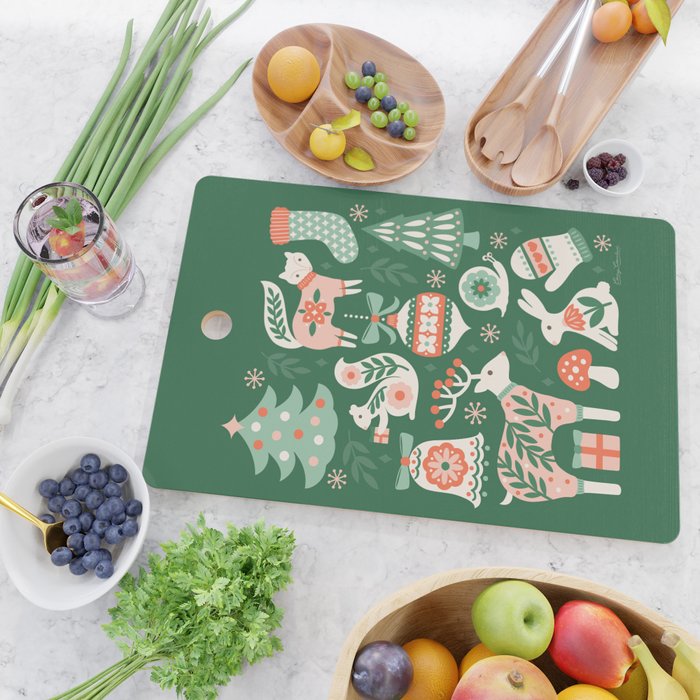 Festive Folk Art Forest Animals - Green and Red Cutting Board Gallery Image 2