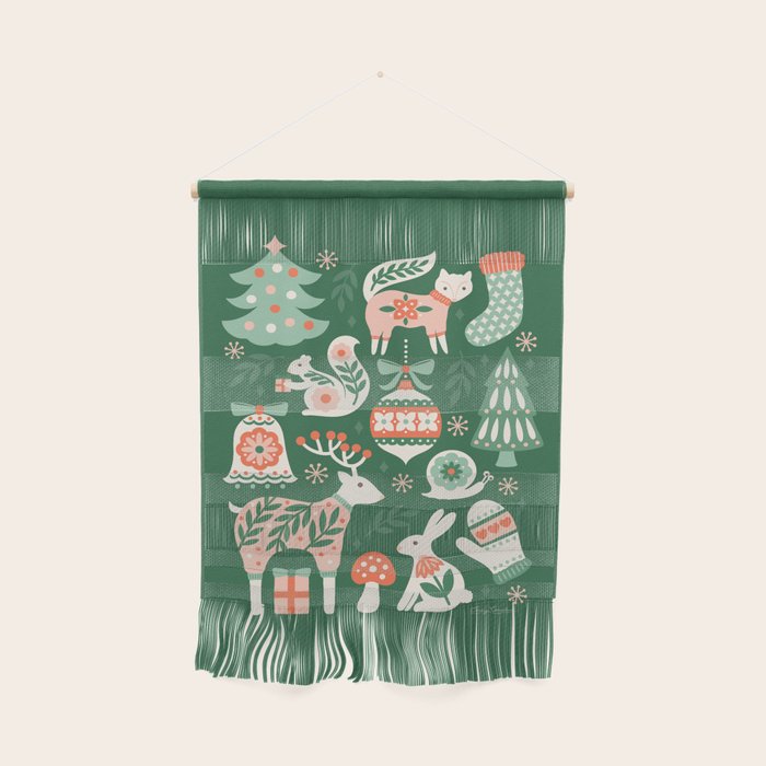 Festive Folk Art Forest Animals - Green and Red Wall Hanging Gallery Image 1
