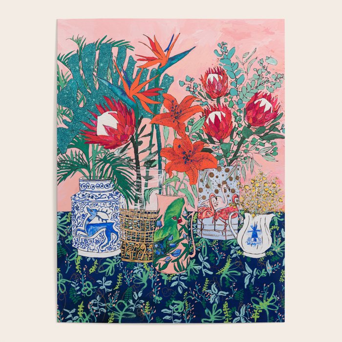 Napping Ginger Cat in Pink Jungle Garden Room Poster – Society6