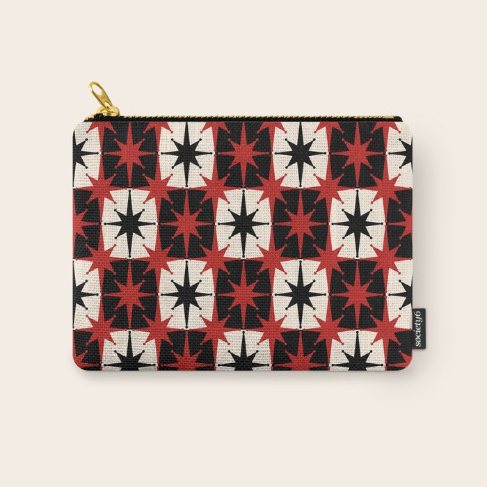 Mid Century Modern Atomic Stars Retro Checkered Starburst Pattern Black Cream Red Carry All Pouch Gallery Image 1