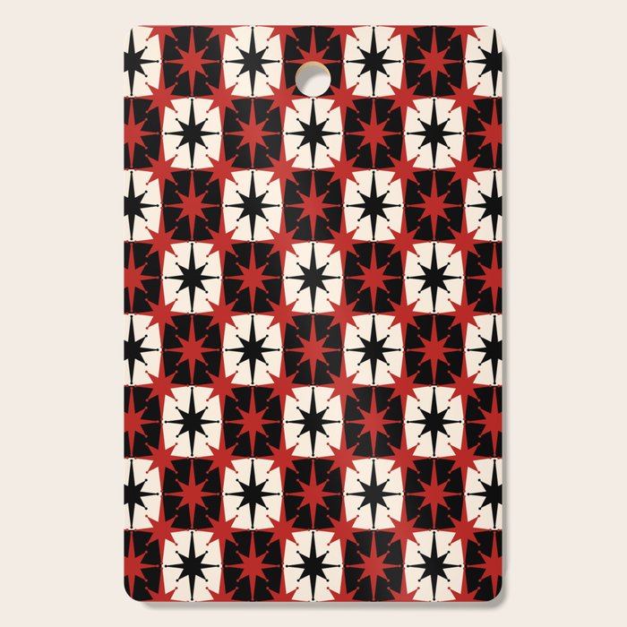 Mid Century Modern Atomic Stars Retro Checkered Starburst Pattern Black Cream Red Cutting Board Gallery Image 1