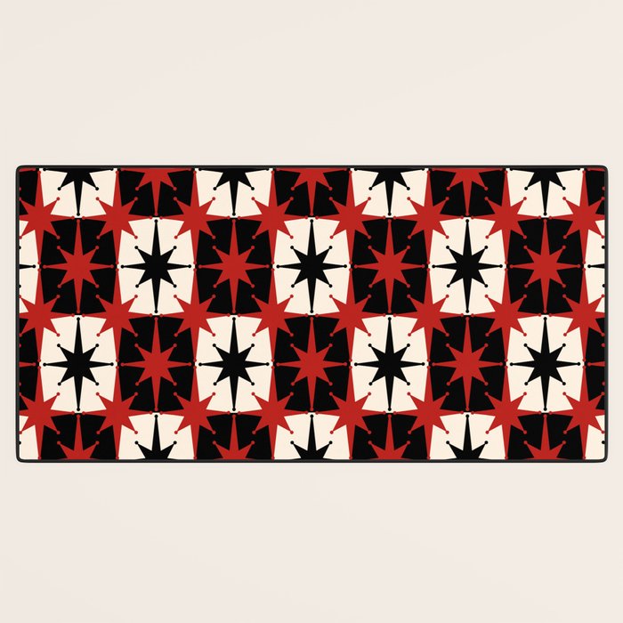 Mid Century Modern Atomic Stars Retro Checkered Starburst Pattern Black Cream Red Desk Mat Gallery Image 3