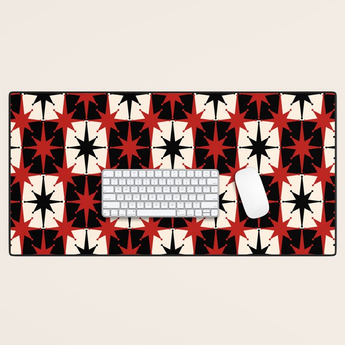 Mid Century Modern Atomic Stars Retro Checkered Starburst Pattern Black Cream Red Desk Mat Gallery Image 1