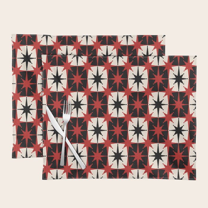 Mid Century Modern Atomic Stars Retro Checkered Starburst Pattern Black Cream Red Placemat Gallery Image 1