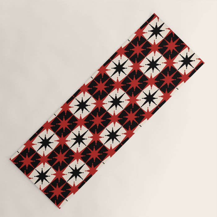 Mid Century Modern Atomic Stars Retro Checkered Starburst Pattern Black Cream Red Yoga Mat Gallery Image 1