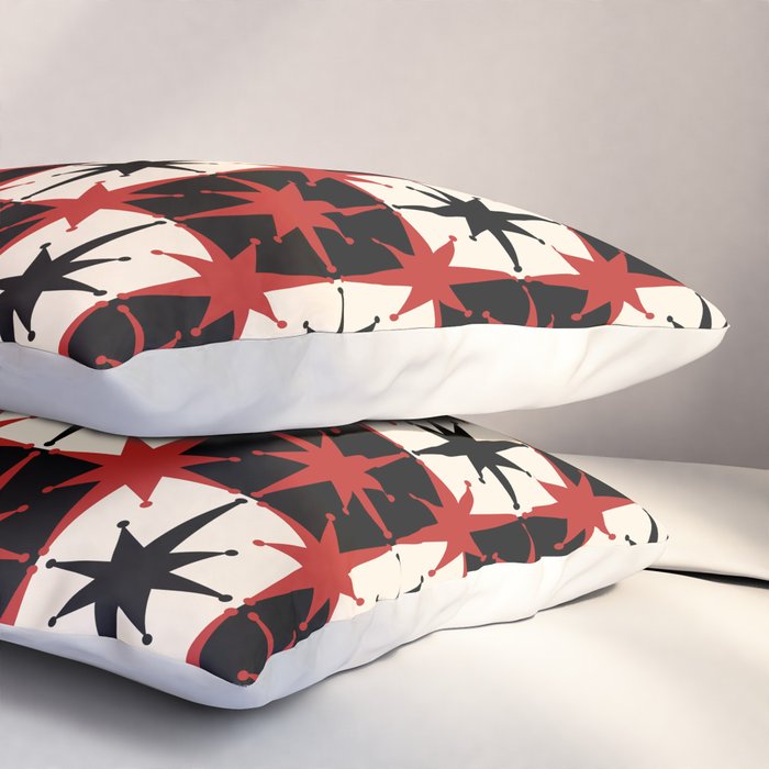Mid Century Modern Atomic Stars Retro Checkered Starburst Pattern Black Cream Red Pillow Sham Gallery Image 3
