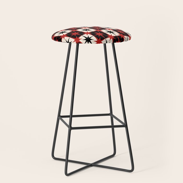 Mid Century Modern Atomic Stars Retro Checkered Starburst Pattern Black Cream Red Stool Gallery Image 1