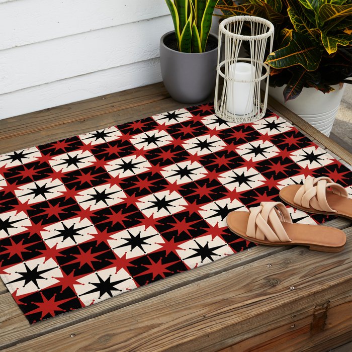 Mid Century Modern Atomic Stars Retro Checkered Starburst Pattern Black Cream Red Outdoor Rug Gallery Image 2
