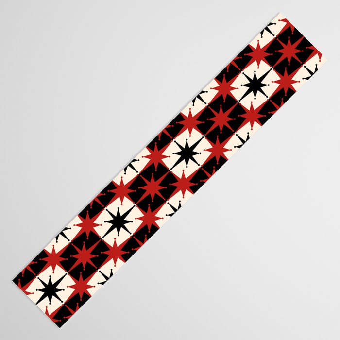 Mid Century Modern Atomic Stars Retro Checkered Starburst Pattern Black Cream Red Table Runner Gallery Image 3