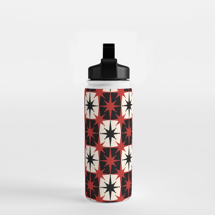Mid Century Modern Atomic Stars Retro Checkered Starburst Pattern Black Cream Red Water Bottle Gallery Image 2