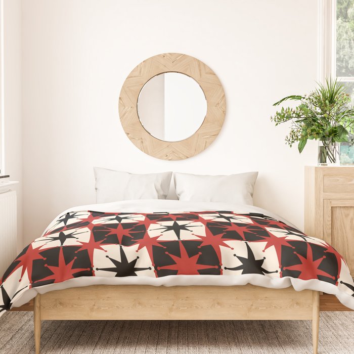 Mid Century Modern Atomic Stars Retro Checkered Starburst Pattern Black Cream Red Duvet Cover Gallery Image 3