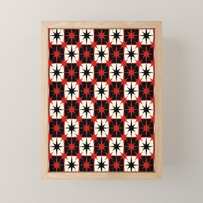 Mid Century Modern Atomic Stars Retro Checkered Starburst Pattern Black Cream Red Mini Art Print Gallery Image 1