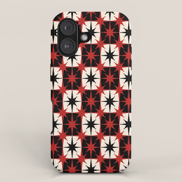 Mid Century Modern Atomic Stars Retro Checkered Starburst Pattern Black Cream Red iPhone Case Gallery Image 1