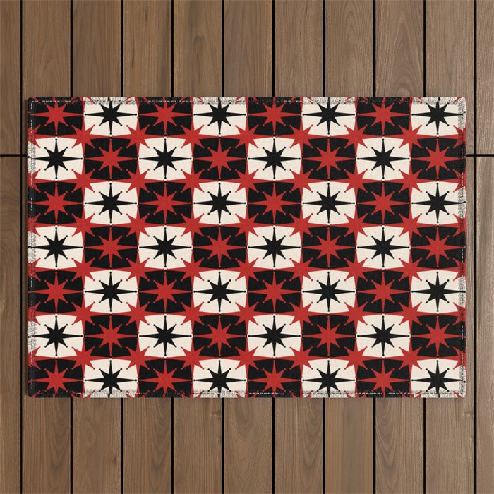 Mid Century Modern Atomic Stars Retro Checkered Starburst Pattern Black Cream Red Outdoor Rug Gallery Image 1
