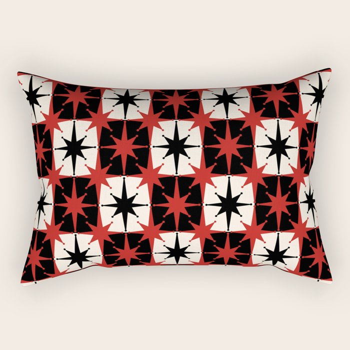 Mid Century Modern Atomic Stars Retro Checkered Starburst Pattern Black Cream Red Rectangular Pillow Gallery Image 2