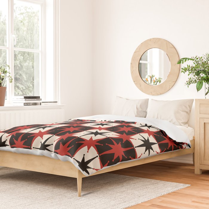 Mid Century Modern Atomic Stars Retro Checkered Starburst Pattern Black Cream Red Duvet Cover Gallery Image 2