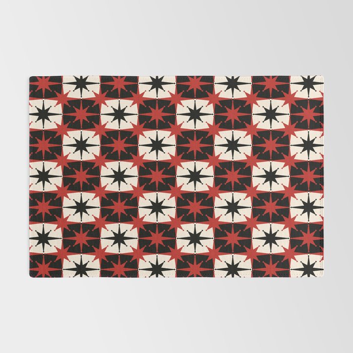 Mid Century Modern Atomic Stars Retro Checkered Starburst Pattern Black Cream Red Rug Gallery Image 2