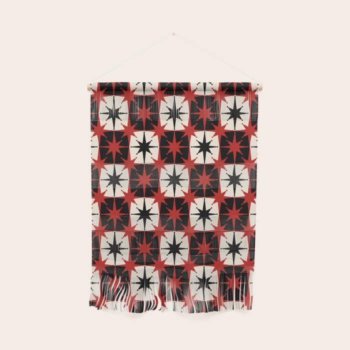 Mid Century Modern Atomic Stars Retro Checkered Starburst Pattern Black Cream Red Wall Hanging Gallery Image 1