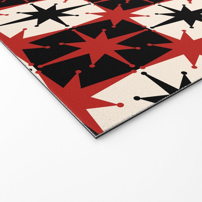Mid Century Modern Atomic Stars Retro Checkered Starburst Pattern Black Cream Red Welcome Mat Gallery Image 2