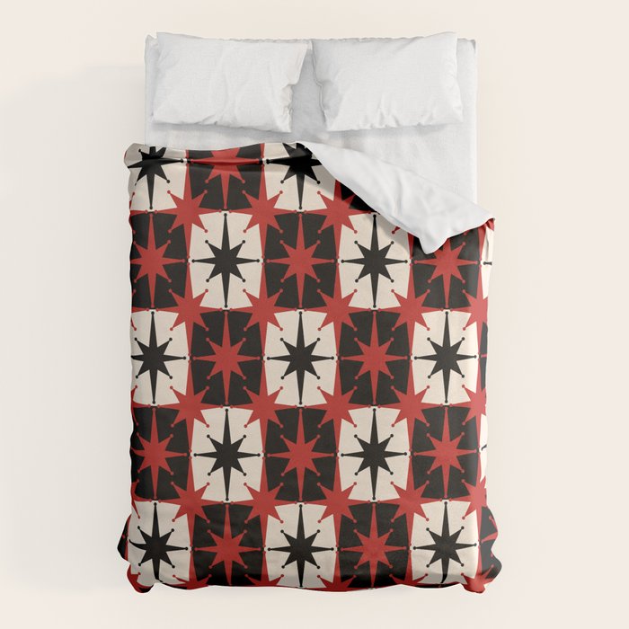 Mid Century Modern Atomic Stars Retro Checkered Starburst Pattern Black Cream Red Duvet Cover Gallery Image 1