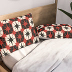 Mid Century Modern Atomic Stars Retro Checkered Starburst Pattern Black Cream Red Pillow Sham Gallery Image 2
