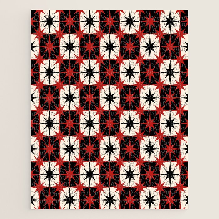 Mid Century Modern Atomic Stars Retro Checkered Starburst Pattern Black Cream Red Jigsaw Puzzle Gallery Image 1