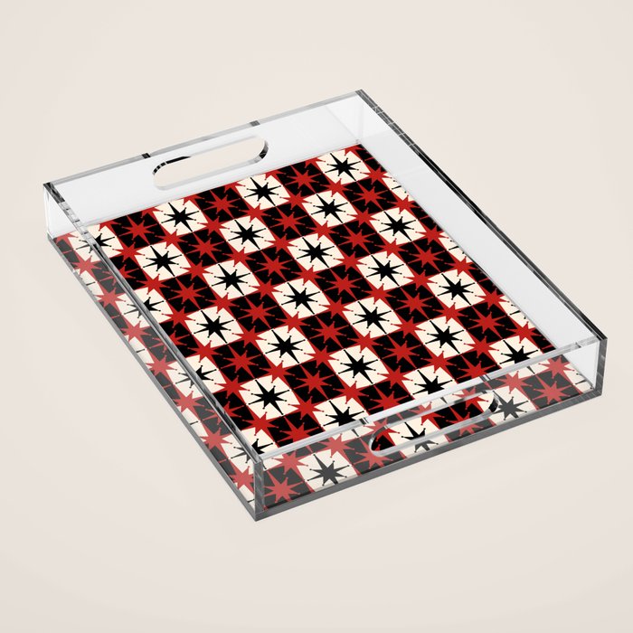 Mid Century Modern Atomic Stars Retro Checkered Starburst Pattern Black Cream Red Acrylic Tray Gallery Image 1