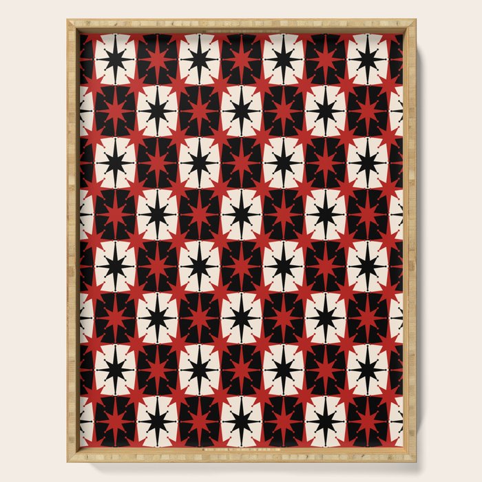 Mid Century Modern Atomic Stars Retro Checkered Starburst Pattern Black Cream Red Serving Tray Gallery Image 1