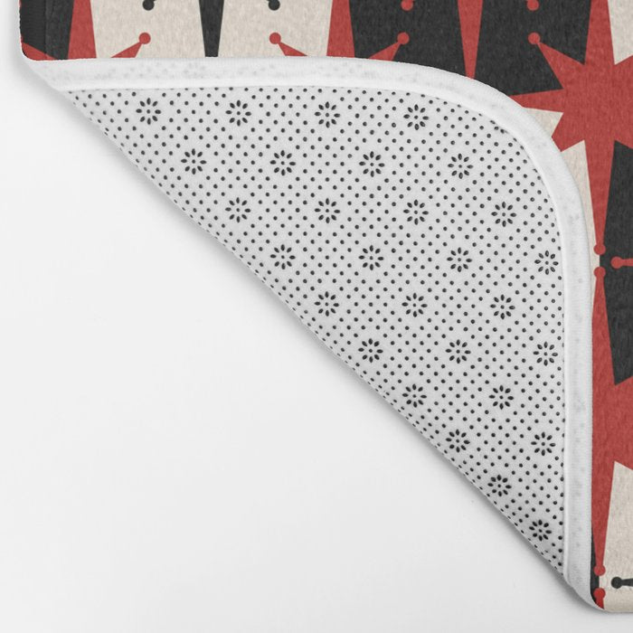 Mid Century Modern Atomic Stars Retro Checkered Starburst Pattern Black Cream Red Bath Mat Gallery Image 2