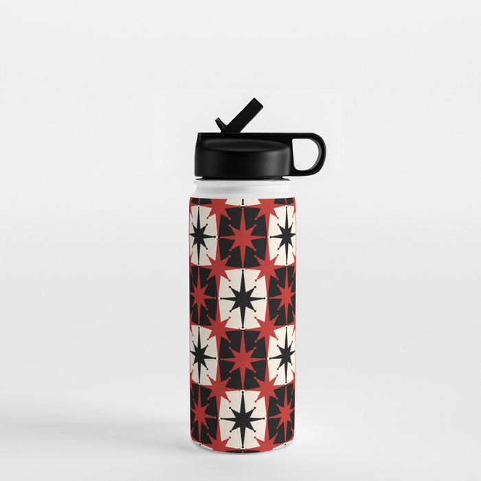 Mid Century Modern Atomic Stars Retro Checkered Starburst Pattern Black Cream Red Water Bottle Gallery Image 1