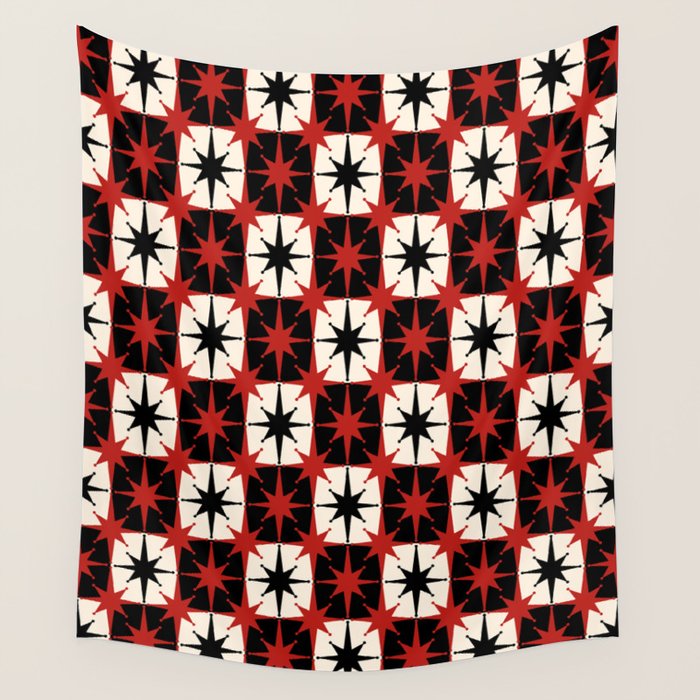 Mid Century Modern Atomic Stars Retro Checkered Starburst Pattern Black Cream Red Wall Tapestry Gallery Image 4