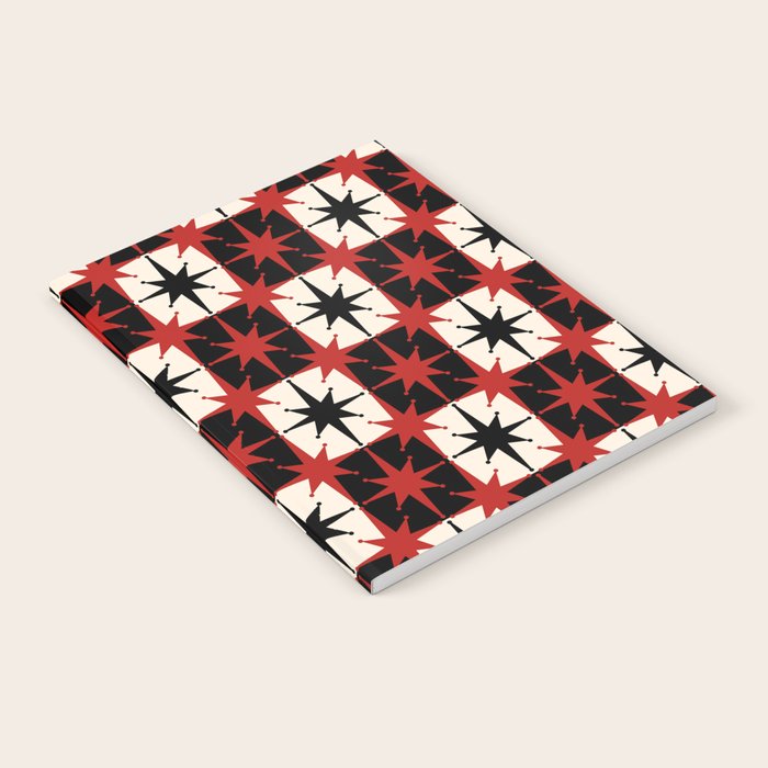 Mid Century Modern Atomic Stars Retro Checkered Starburst Pattern Black Cream Red Notebook Gallery Image 1