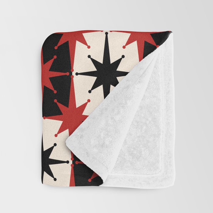 Mid Century Modern Atomic Stars Retro Checkered Starburst Pattern Black Cream Red Throw Blanket Gallery Image 3