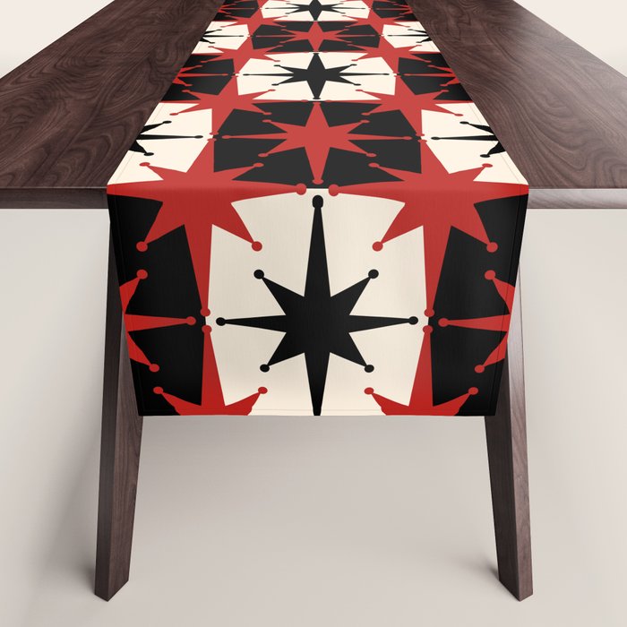 Mid Century Modern Atomic Stars Retro Checkered Starburst Pattern Black Cream Red Table Runner Gallery Image 1