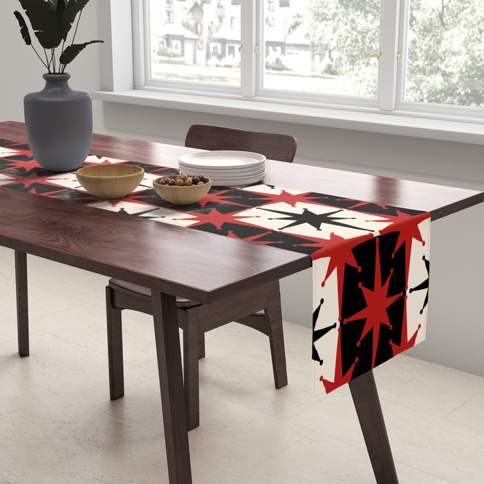 Mid Century Modern Atomic Stars Retro Checkered Starburst Pattern Black Cream Red Table Runner Gallery Image 2