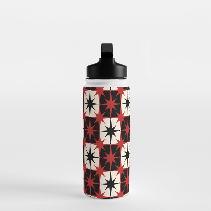 Mid Century Modern Atomic Stars Retro Checkered Starburst Pattern Black Cream Red Water Bottle Gallery Image 3
