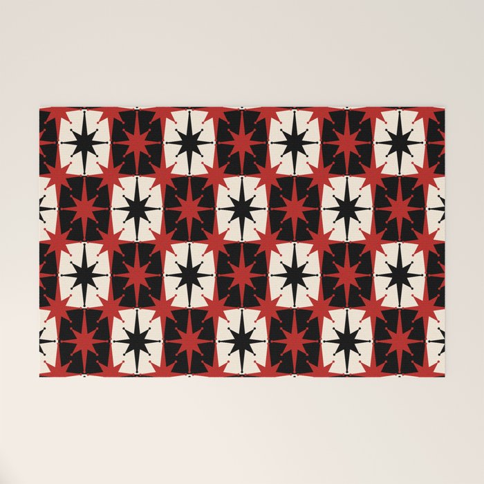 Mid Century Modern Atomic Stars Retro Checkered Starburst Pattern Black Cream Red Welcome Mat Gallery Image 1