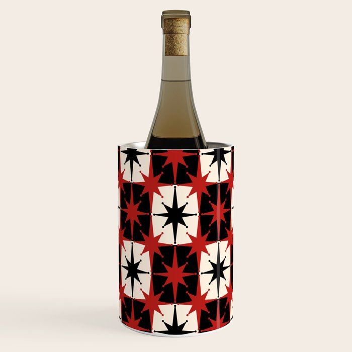 Mid Century Modern Atomic Stars Retro Checkered Starburst Pattern Black Cream Red Wine Chiller Gallery Image 1