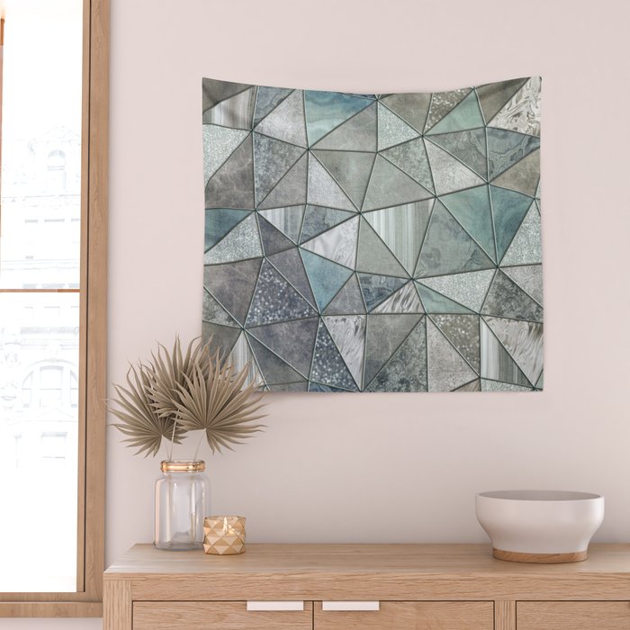 Teal And Grey Triangles Stained Glass Style Wall Tapestry Gallery Image 2