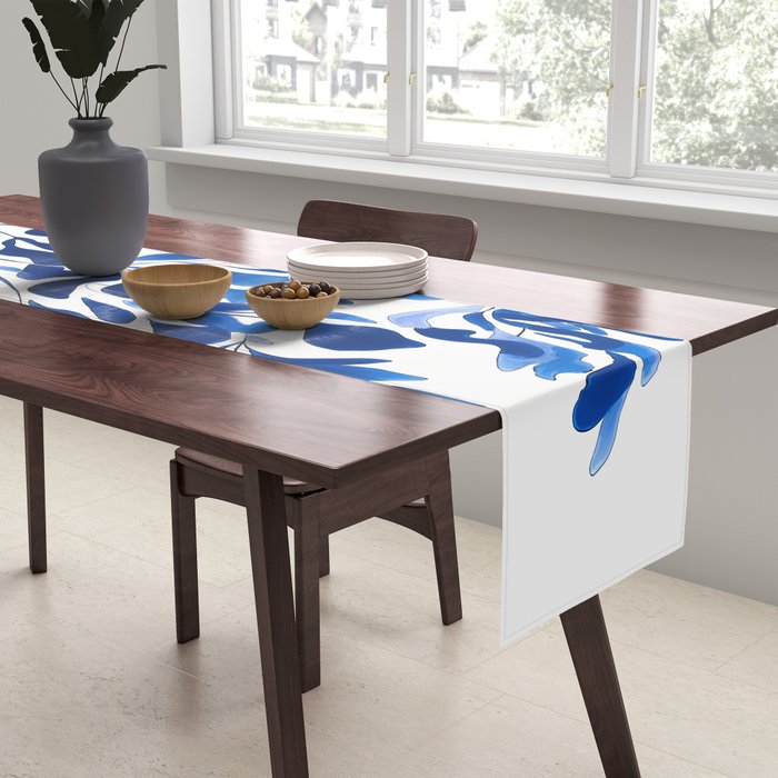 Blue Floral Print Minimalist Japanese Wall Art Table Runner Gallery Image 2