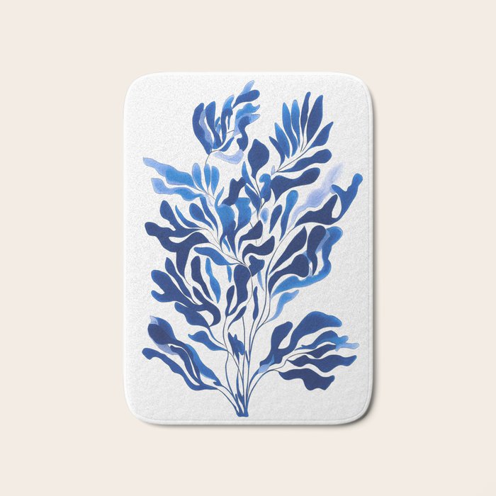 Blue Floral Print Minimalist Japanese Wall Art Bath Mat Gallery Image 1