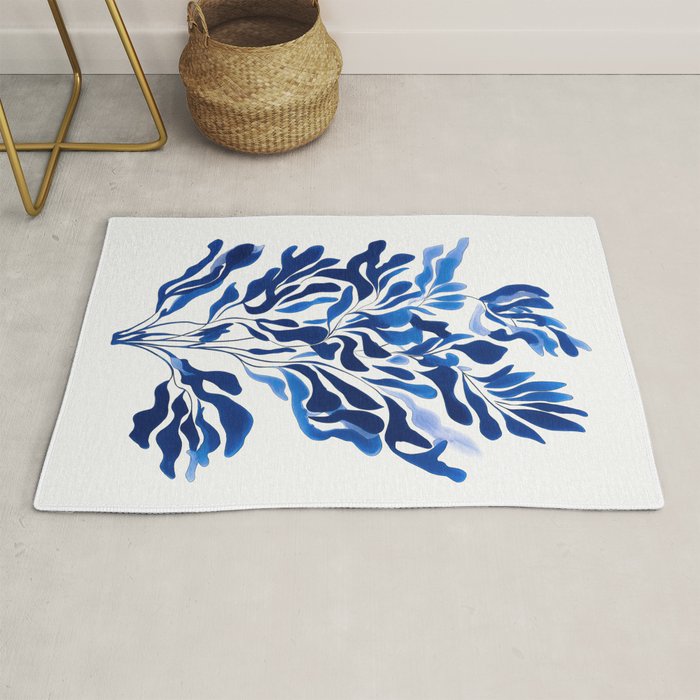 Blue Floral Print Minimalist Japanese Wall Art Rug Gallery Image 1