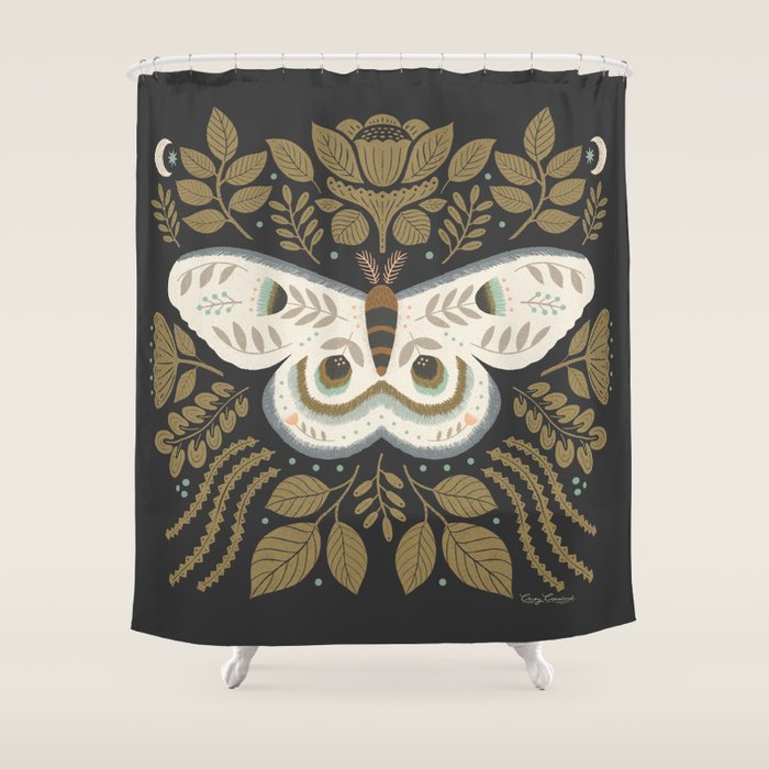 Folk Art Moth - Black Shower Curtain Gallery Image 1